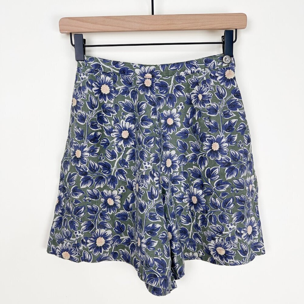 Vintage 100% Linen High Rise Shorts Coastal Cowgirl Floral Print Boho Bohemian